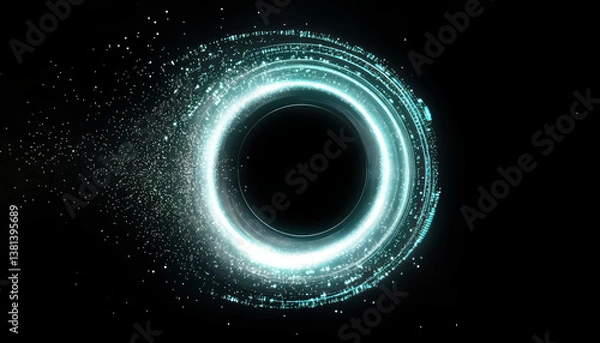 Fototapeta Abstract dark turquoise circle dot swirl portal with glow effect on a dark background. Energy flow or speed motion in space. Science, futuristic digital technologies concept.	