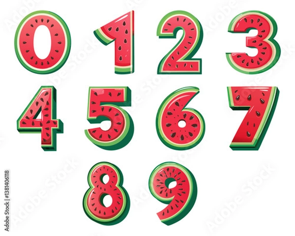 Fototapeta Creative 3D Numbers from 0 to 9 Designed in a Watermelon Style for Unique Summer Themes. Vector illustration Set. Generative Ai