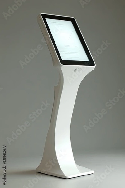 Fototapeta Sleek white digital kiosk with curved design and blank screen in minimalist indoor setting with soft light
