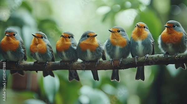 Fototapeta A group of birds sitting on a branch