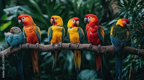 Fototapeta A group of birds sitting on a branch,