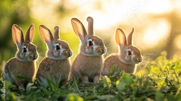 Fototapeta A group of rabbits sits happily atop a lush green field under the clear sky in the wild.