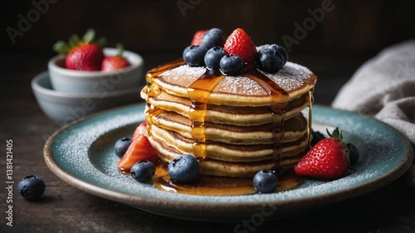 Obraz Delicious pancakes with maple syrup, blueberries and strawberries, perfect for a sweet breakfast or brunch