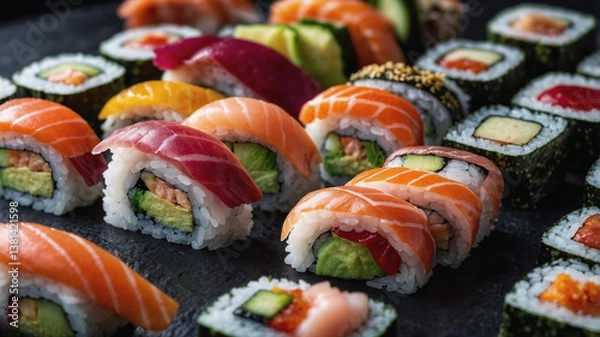 Obraz Colorful sushi and rolls arranged on a dark surface, showcasing a variety of ingredients and textures