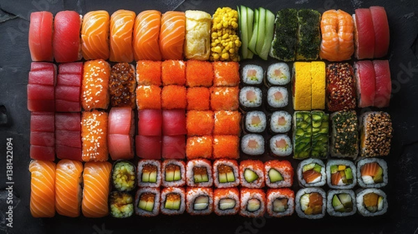 Obraz Overhead view of a large square arrangement of various sushi and rolls, showcasing a colorful and diverse selection of japanese cuisine
