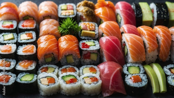 Obraz Delicious assortment of sushi and rolls arranged on a dark surface, showcasing a variety of flavors and textures