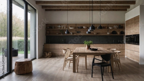 Obraz Modern open plan kitchen and dining area featuring wooden furniture, exposed beams, and minimalist design, creating a warm and inviting atmosphere
