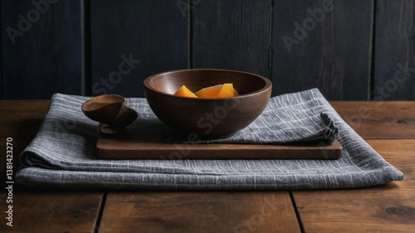 Obraz Wooden bowl with sliced persimmon fruit on wooden board and linen napkin on dark wooden table with dark wooden background