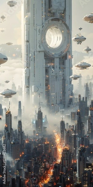 Fototapeta Futuristic Cityscape with Flying Vehicles and Tall Building Architecture