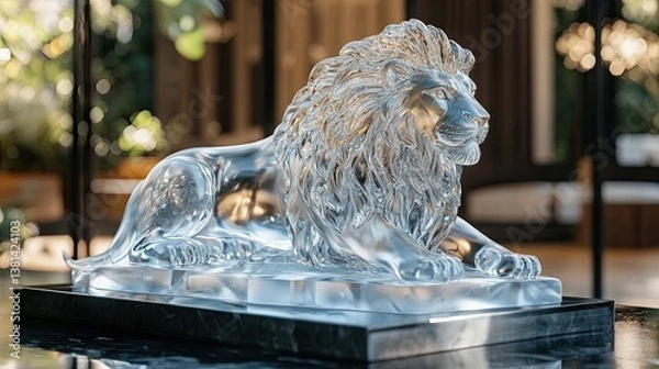 Fototapeta A lion statue in crystal design, capturing the wild animal's majestic form in