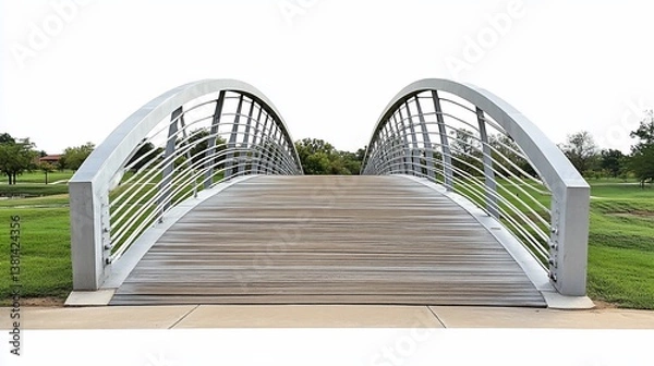 Fototapeta Modern pedestrian bridge, park, walkway, greenery, isolated background, design element