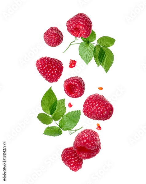 Fototapeta Raspberry with leaves floating in the air on a white background