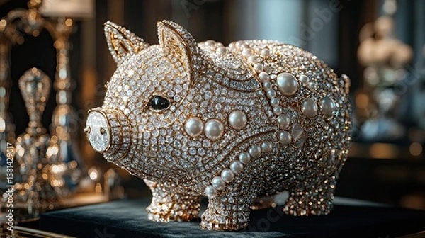 Fototapeta A luxurious piggy bank encrusted with diamonds and pearls