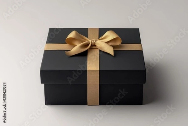 Fototapeta Elegant black gift box with a gold ribbon, set against a minimalist background for celebrations