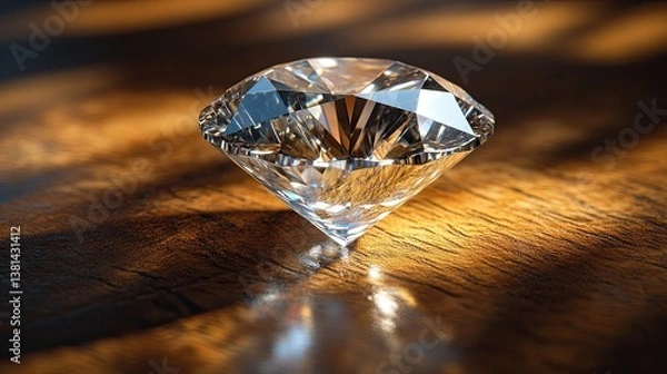 Fototapeta A macro shot of a single diamond delicately perched atop a wooden surface,
