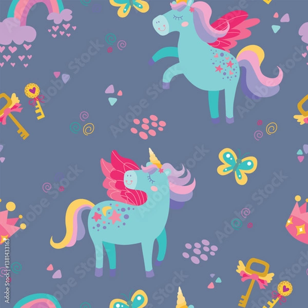 Fototapeta Childrens magic unicorn pattern. Cute seamless ornament hand drawn with unicorns, magic keys, butterflies. Vector texture for kids bedding, fabric, wallpaper, wrapping paper, textile, t-shirt.
