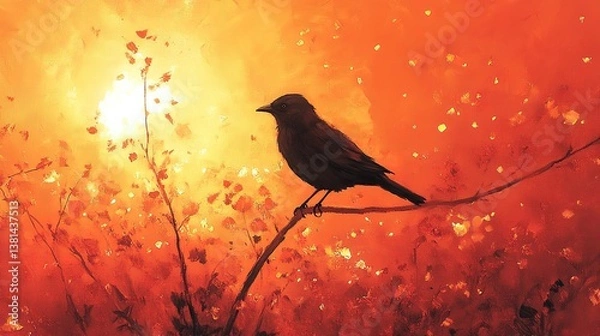 Fototapeta A painting of a bird sitting on a branch in a field of red and yellow flecks of fire