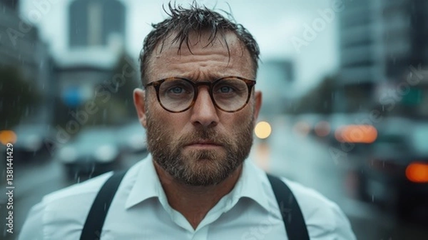 Fototapeta A rugged man stands in the rain, his serious expression reflecting resilience in the face of challenges, against a blurred urban background filled with city lights.