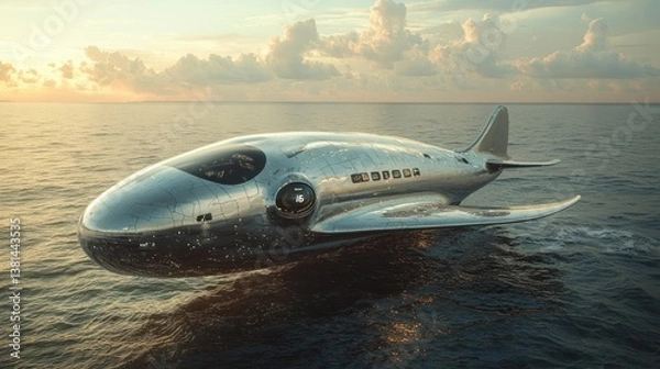 Fototapeta Futuristic Aircraft Soaring Over Tranquil Ocean at Sunset