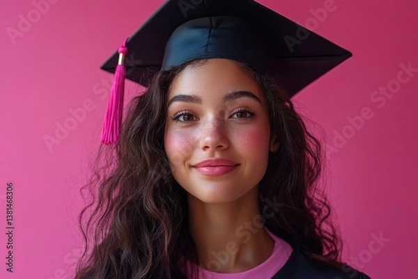 Fototapeta Diploma celebration with joyful graduate wearing cap and gown against a vibrant backdrop