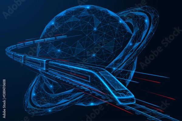 Fototapeta High-speed space transport. The train is coming from the planet Saturn. Low-poly design of interconnected lines and dots. Blue background.