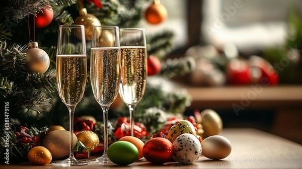 Fototapeta A bright and clean Christmas tree with colorful ornaments, Easter eggs nearby, and sparkling New Year's champagne glasses on a table.