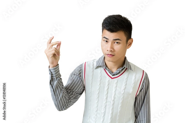 Fototapeta Portrait of a young businessman snapping his finger. Isolated on white background with copy space