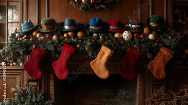 Fototapeta A Christmas fireplace with Easter decorations and New Year's hats hanging on the mantle.
