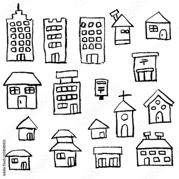 Obraz 手描き　チョーク　クレヨン　建物　白バック