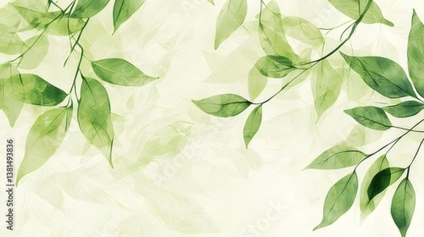 Obraz Watercolor Green Leaves Pattern on Branches in a Soft Background for Decorative Arts