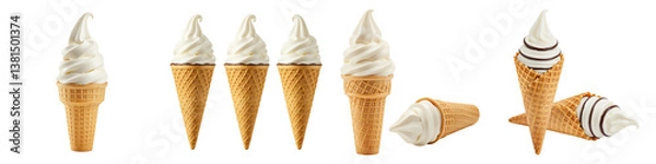 Fototapeta Creamy vanilla soft serve ice cream in crispy waffle cones.