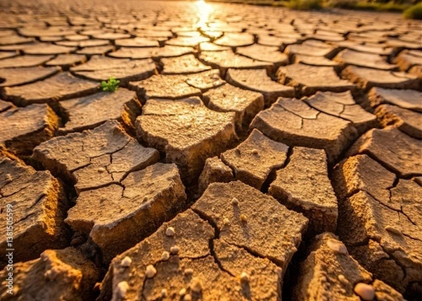 Fototapeta Drought impact on soil quality arid region closeup photography natural environment ground level cracked textures and earthy tones