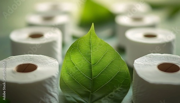 Fototapeta Eco-friendly toilet paper rolls with a green leaf texture, tilt-shift photographed to highlight their sustainable design.
