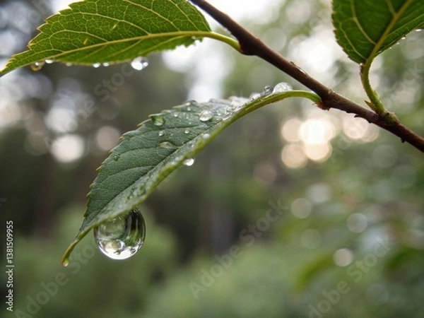 Fototapeta Captivating closeup of a rain droplet on a single leaf natural environment macro photography bokeh effect