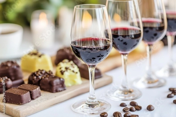 Obraz A beautifully arranged table featuring glasses of red wine alongside an assortment of chocolates and coffee beans, creating an inviting and indulgent atmosphere.