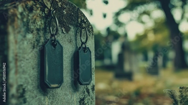 Fototapeta An aged headstone displays metal tags with chains within the graveyard
