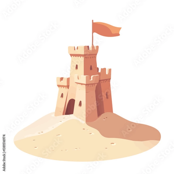 Fototapeta A Sandcastle With Small Flags 2D flat vector illustration, isolated on a white background.