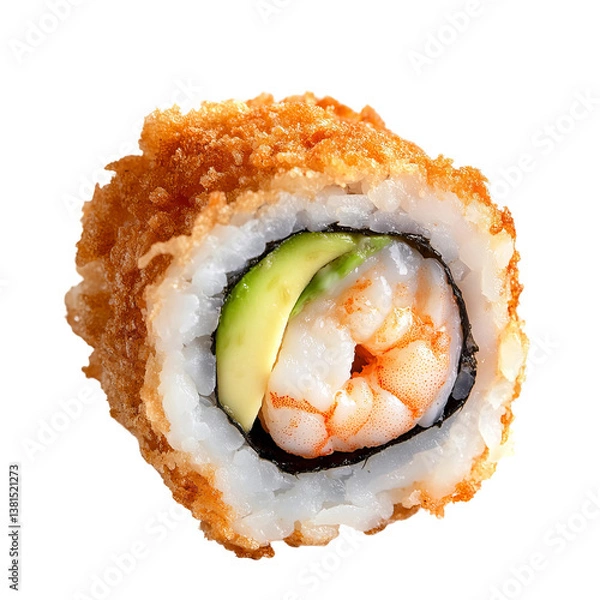 Fototapeta close-up of a single shrimp tempura sushi roll, isolated


