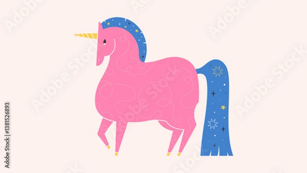 Fototapeta Cute pink unicorn. Fairytale funny whimsical groovy horse. Print design for greeting cards, posters, banners. Year of the Horse. Vector illustration in flat style