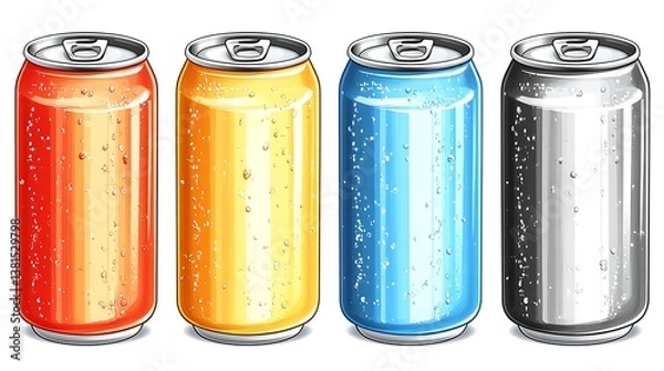 Fototapeta Four colorful soda cans with condensation on their surfaces