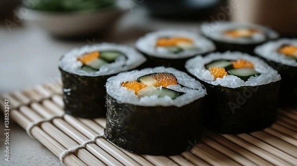 Fototapeta Freshly prepared sushi rolls are arranged on a bamboo mat