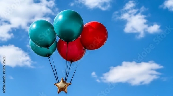 Fototapeta A cluster of colorful balloons floating against a blue sky