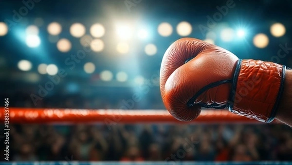 Fototapeta A powerful boxer's orange glove poised, ready to strike, in a brightly lit boxing arena