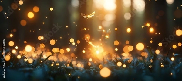 Fototapeta Magical fireflies illuminate a dark forest scene, creating a whimsical, enchanting atmosphere