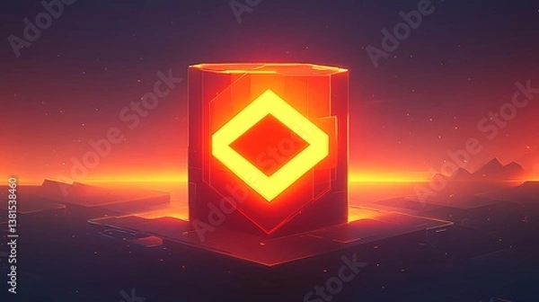 Fototapeta A glowing geometric structure stands amidst a fiery landscape scene