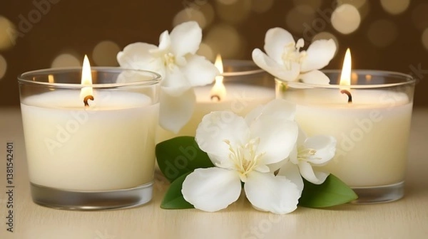 Fototapeta Several lit candles with white flowers presented on a wooden surface