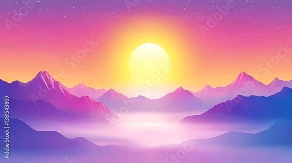 Fototapeta A beautiful landscape shows mountains and a setting sun in the sky