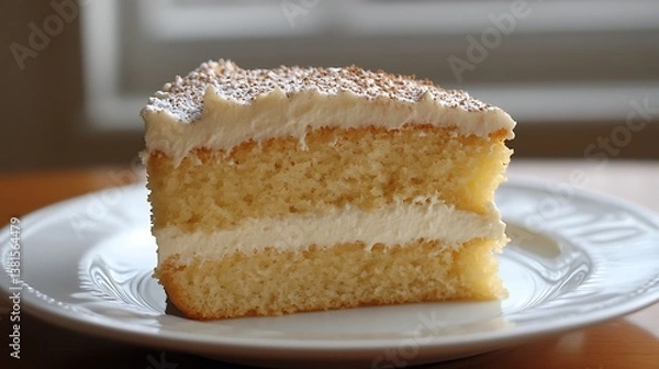 Fototapeta A slice of delicious vanilla cake with creamy frosting and sprinkles, served on a white plate.  The cake has two layers, and the frosting is generously spread on top. The