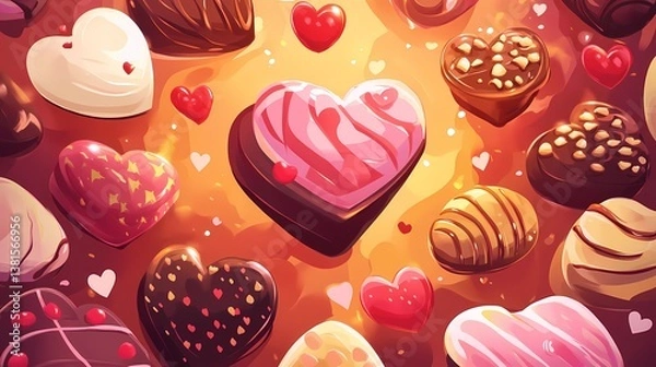 Fototapeta Heart-shaped chocolates, assorted, on a warm background