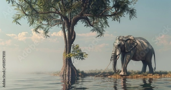 Fototapeta 3D realistic style, large elephant standing by a tree with a thin rope tied around its legs